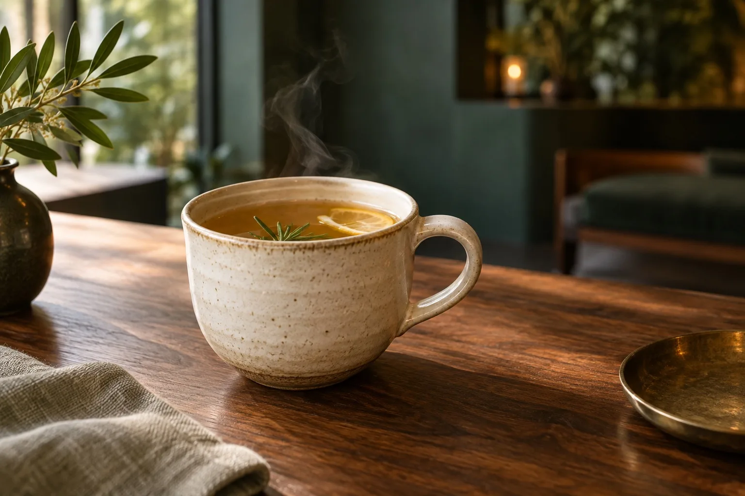 A steaming botanical drink in a ceramic cup